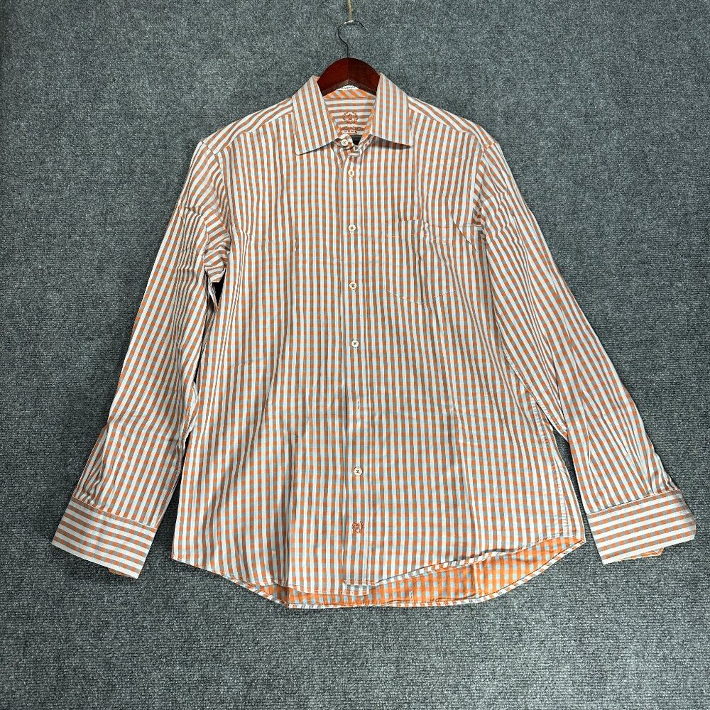 Bugatchi Uomo Shirt Mens Medium Button Up Orange Stripe Cotton Pocket
